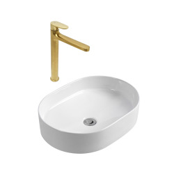 DARK mitigeur lavabo XL, or brossé + Ceramia PixL 50x36,5x12 cm vasque à poser, sans trop-plein, blanc (SAT285PBZCEPX5037)