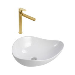 DARK mitigeur lavabo  XL, or brossé + Ceramia PixL 51x38x19 cm vasque à poser, sans trop-plein, blanc (SAT285PBZCEPX5038)