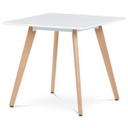 80x74x80 cm table de salle à manger scandinave en MDF blanc laqué mat, pieds en bois de hêtre massif marron (DT312WT)