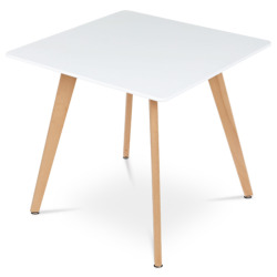 80x74x80 cm table de salle à manger scandinave en MDF blanc laqué mat, pieds en bois de hêtre massif marron (DT312WT)