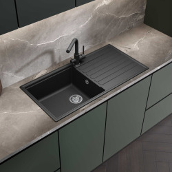 100x50 cm évier avec égouttoir réversible en Granite, à encastrer, noir (SATSINKGQK103B-1)