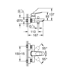 Dice mitigeur monocommande bain/douche mural à levier 150 mm, sans ensemble de douche, noir mat (1018722430)