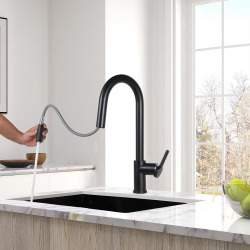 Set mitigeur lavabo XL + mitigeur de cuisine Ceramia en acier inoxydable avec douchette extractible 2 jets, noir mat (SATBM285C)