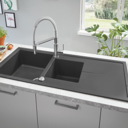 K400 évier de cuisine à encastrer en quartz composite avec égouttoir, noir granite (31643AP0)