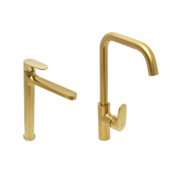 Dark set mitigeur lavabo XL + mitigeur cuisine avec bras pivotant, or brossé (SATBSDA285BZ)