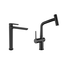 Mood set mitigeur lavabo XL + mitigeur cuisine Ceramia Timeless acier inoxydable, douchette extractible, noir mat (SATBSMTKLBMC)