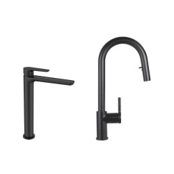 Mood set mitigeur lavabo XL + mitigeur de cuisine Ceramia Timeless acier inoxydable, douchette extractible, noir mat (SATBM285C)