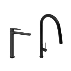 Mitigeur lavabo XL + mitigeur monocommande de cuisine avec douchette extractible 2 jets, noir mat (SATBSM288C)