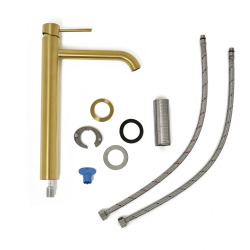 set mitigeur lavabo haut acier inoxydable + mitigeur cuisine avec bras pivotant, or brossé (SATBA280BG)