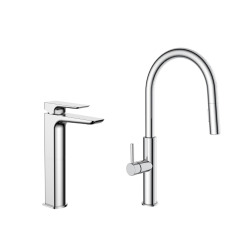 set mitigeur lavabo haut, sans vidage + mitigeur cuisine avec douchette extractible 2 jets, chrome (SATBSBD285)