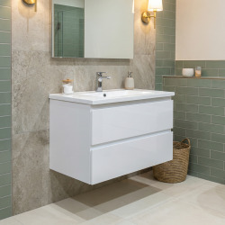 B-Way 79x50x45 cm meuble de salle de bain suspendu avec lavabo en marbre coulé, 2 tiroirs, blanc brillant (BWAY280WU)