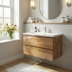 Meuble salle de bain suspendu 99 x 50 x 45 cm – 2 tiroirs – lavabo en marbre coulé – chêne mat – B-Way (BWAY2100OAKU)