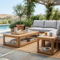 Table basse de jardin en teck massif, 122x86x35 cm, deux plateaux et angle arrondie (NATOFTB12286S)