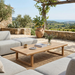 Table basse de jardin en teck massif, 153x72x30,5 cm, pieds-de-table design rectangulaire (NATOFT15372S)