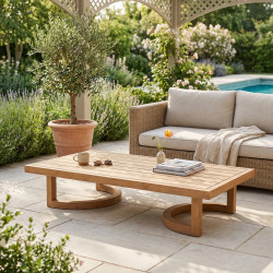 Table basse de jardin en teck massif, 153x82x30,5 cm, pieds-de-table design arrondis (NATOFT15382S)