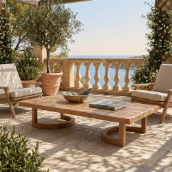 Table basse de jardin en teck massif 153x82 cm pieds-de-table arrondis – style chic terrasse piscine (NATOFT15382S)